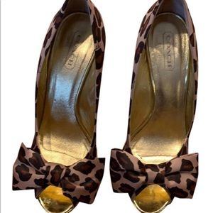Coach Leopard Satin Bow Heels $300